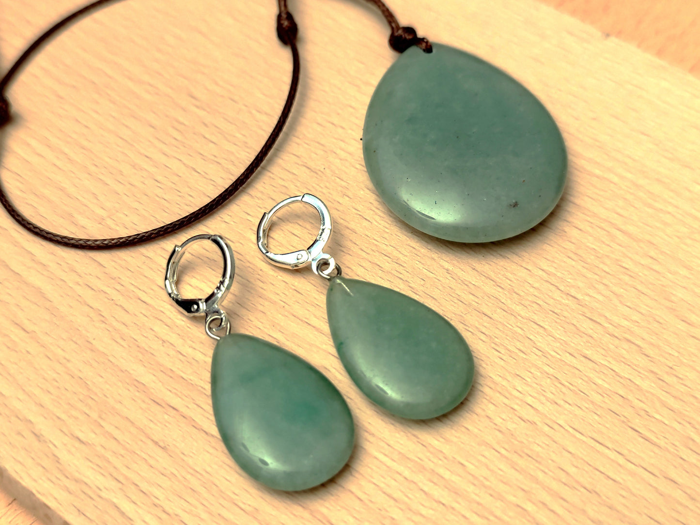 2er Set Naturstein Edelstein Aventurin grün Ohrringe + Anhänger inkl.Kordel Nr.12