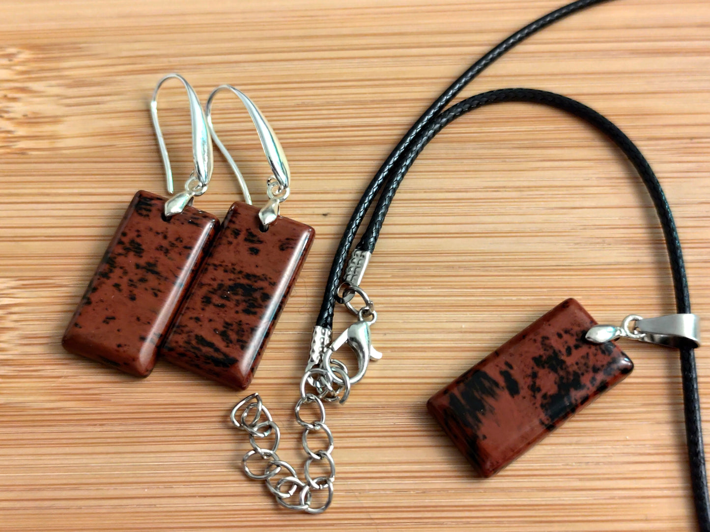 2er Set Naturstein Edelstein Mahagoni Obsidian Ohrringe + Anhänger +Kordel Nr.38