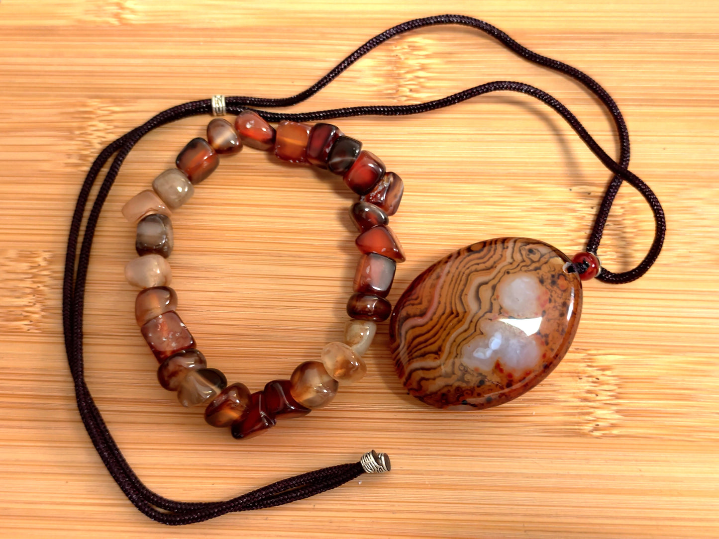 2er Set Naturstein Edelstein Achat Sardonyx Armband + Anhänger inkl.Kordel Nr.42