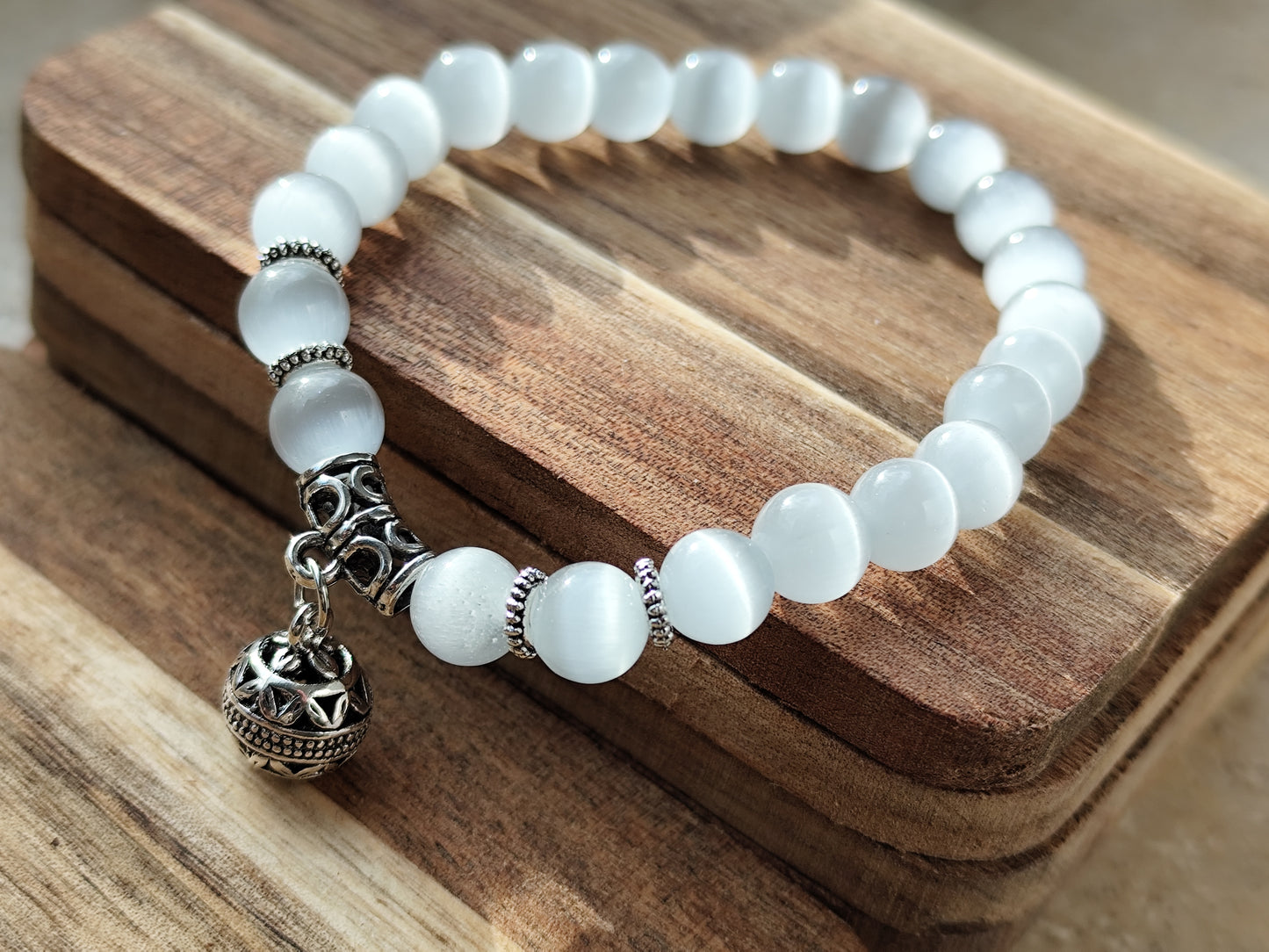 8 mm Naturstein Edelstein Katzenauge Perlen Armband Kugelarmband mit Charm