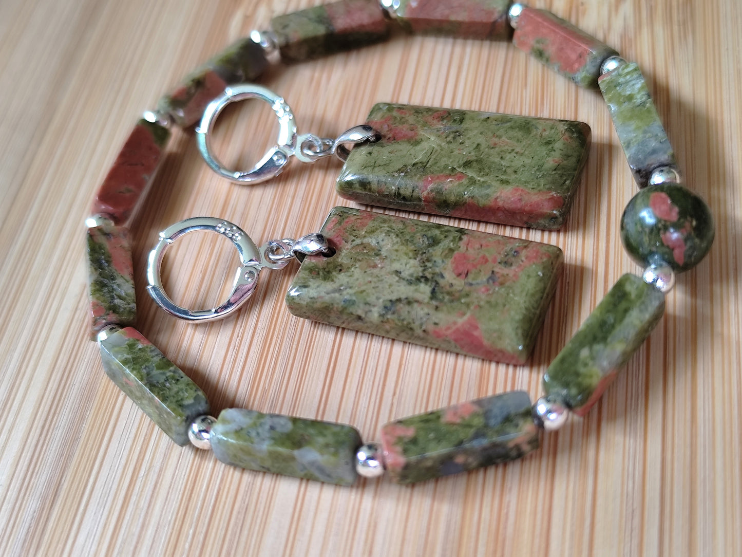 2er Set Naturstein Edelstein Unakit Armband + Ohrringe 925 Silber Nr.75