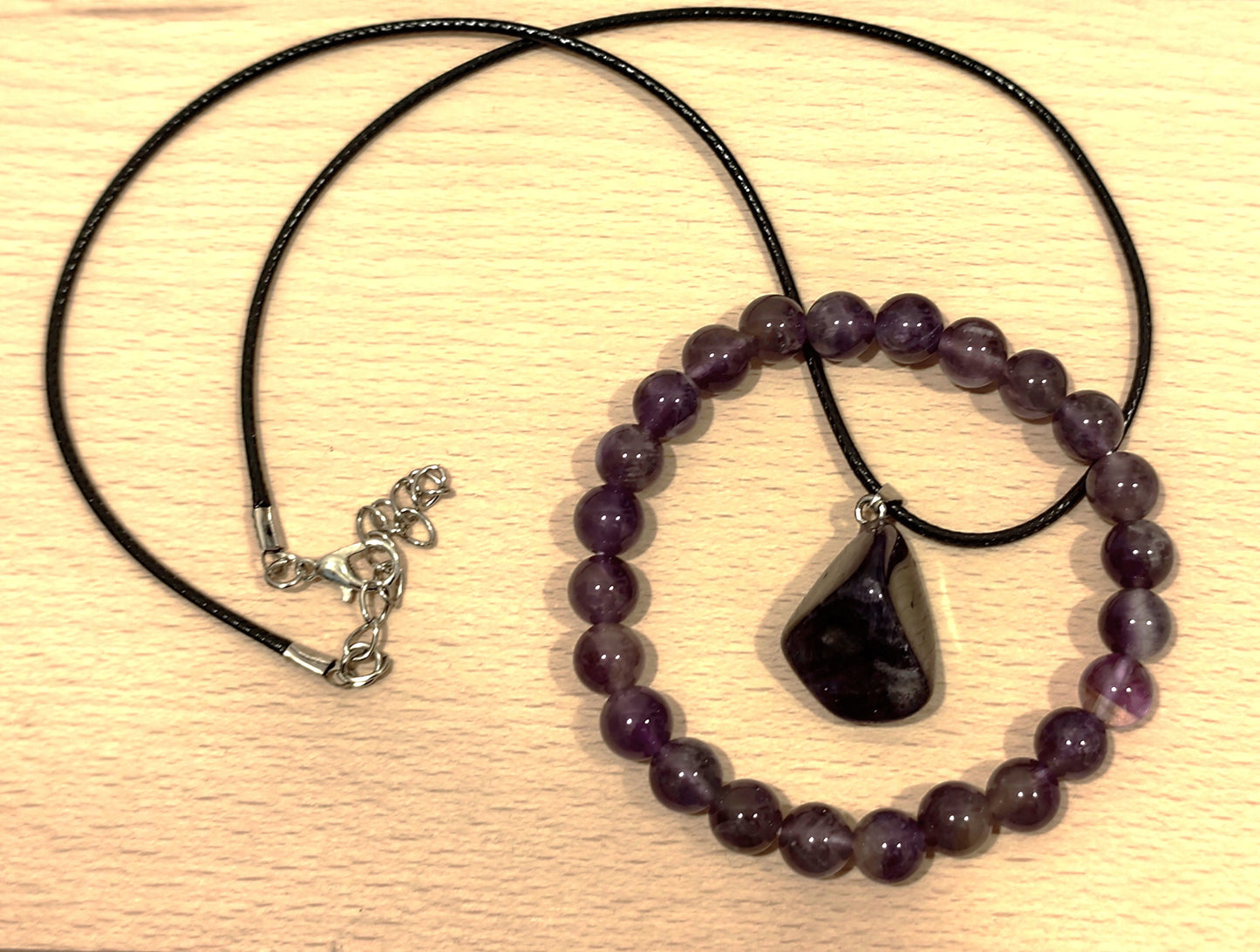 2er Set Naturstein Edelstein Dream Amethyst Armband und Anhänger inkl.Kordel Nr.8