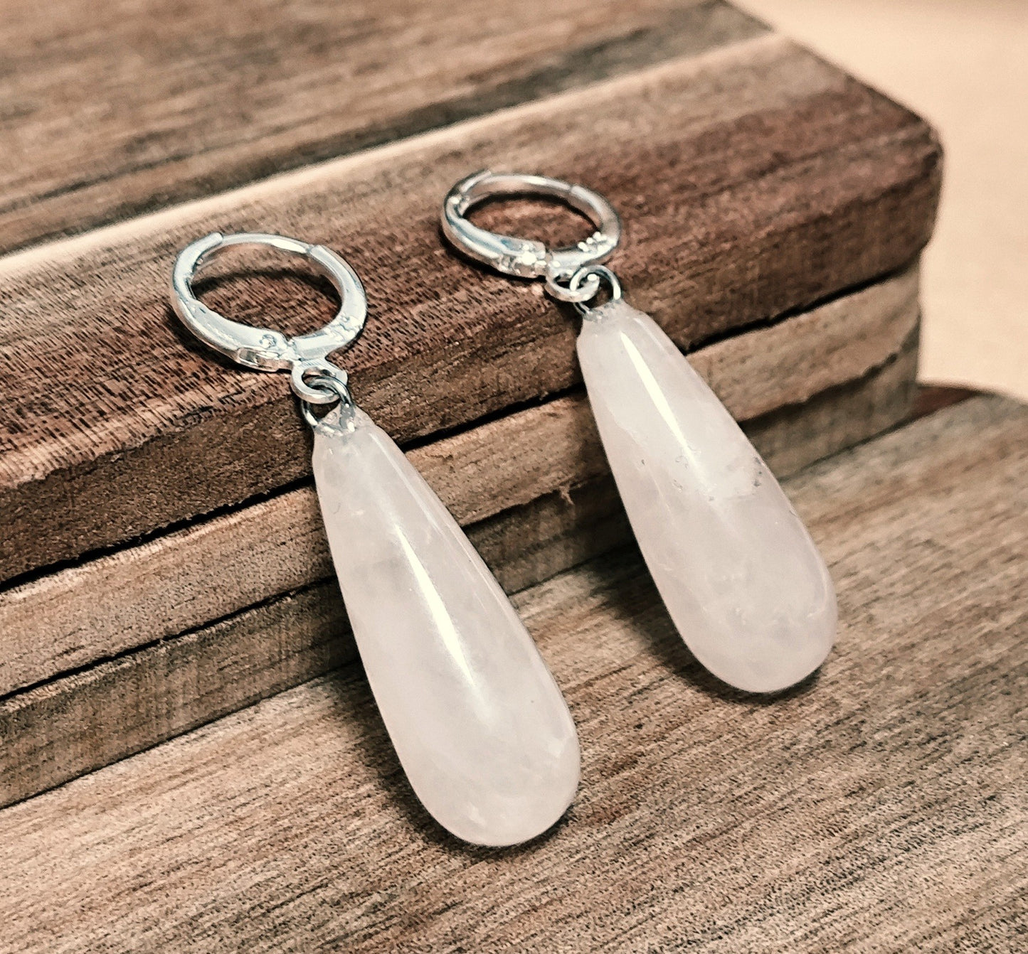 Naturstein Quarz rosa Drop Ohrringe 925 Silber