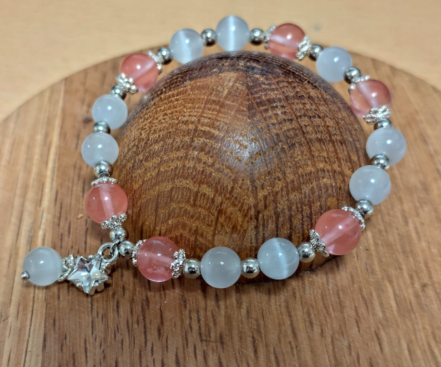 8 mm Naturstein Katzenauge (Selenit) / Erdbeerquarz Perlen Armband Kugelarmband (Kopie)