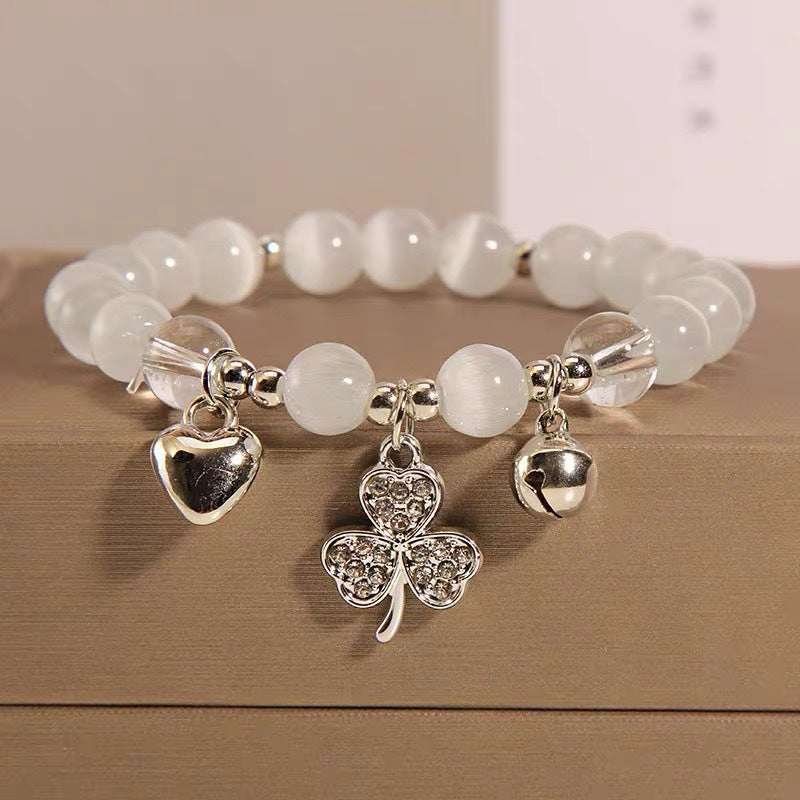 8 mm Naturstein Katzenauge (Selenit) Perlen Charms Armband mit Kleeblatt