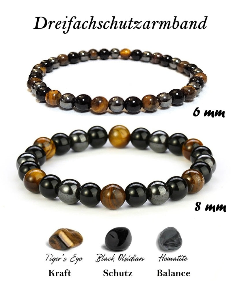 Naturstein Heilstein Armband Tigerauge Obsidian Hämatit Perlen Kugelarmband