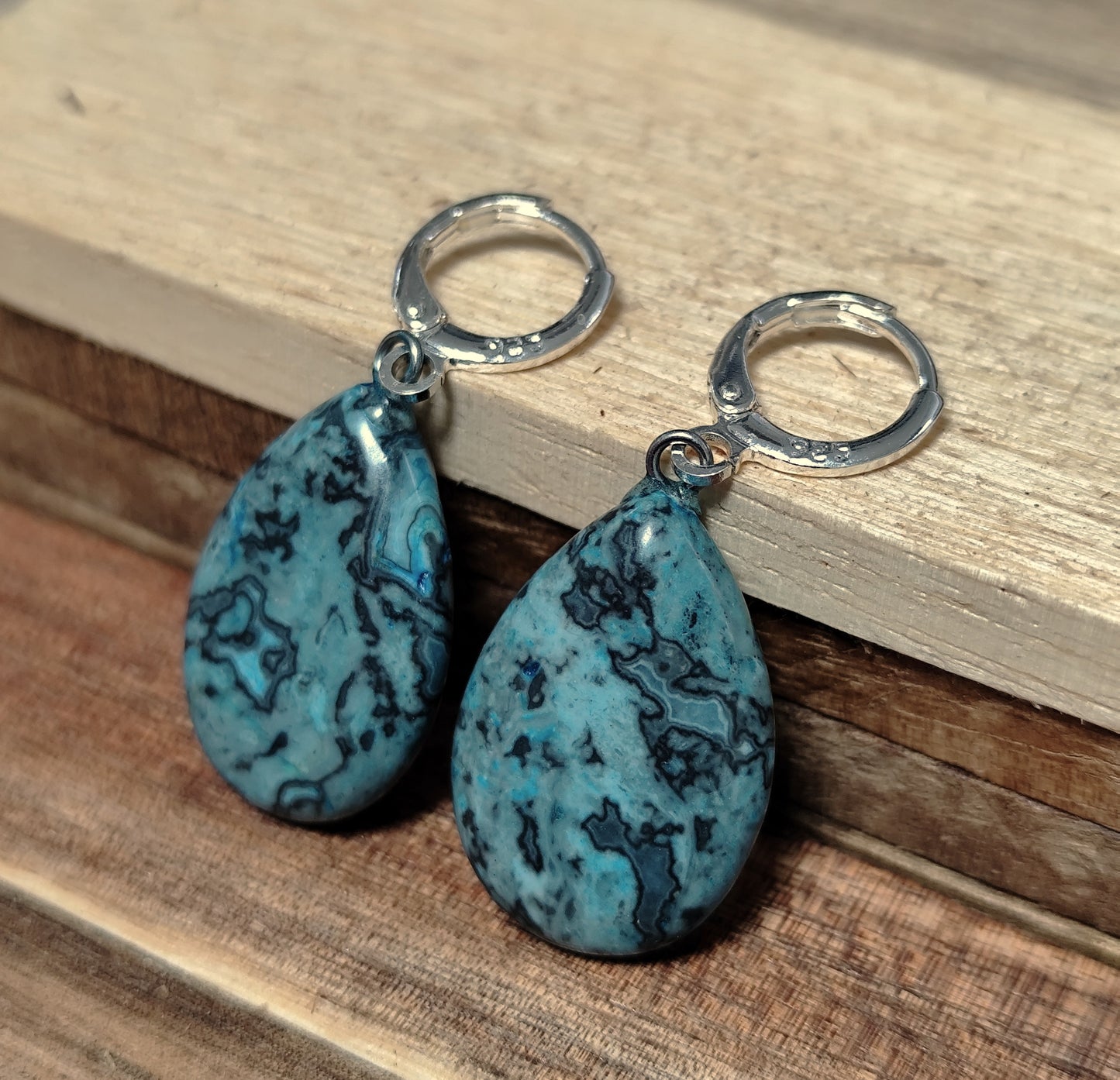 Naturstein Edelstein Crazy Achat blau Ohrringe 925 Silber