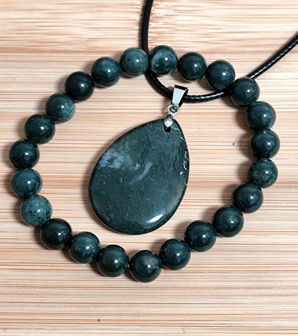 2er Set Naturstein Edelstein Moosachat Achat Armband + Anhänger inkl.Kette Nr.110