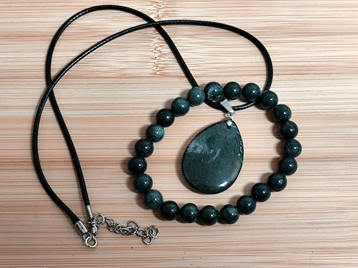 2er Set Naturstein Edelstein Moosachat Achat Armband + Anhänger inkl.Kette Nr.110