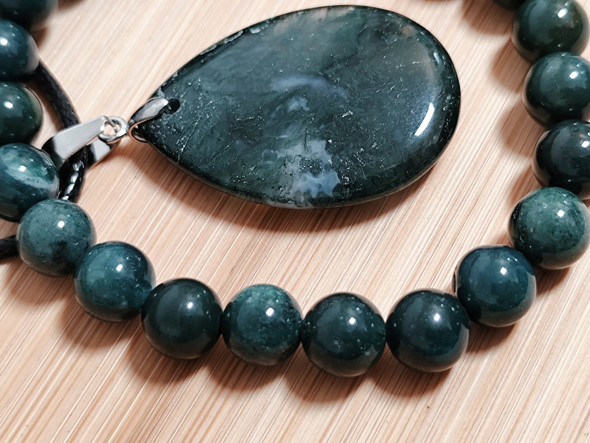 2er Set Naturstein Edelstein Moosachat Achat Armband + Anhänger inkl.Kette Nr.110