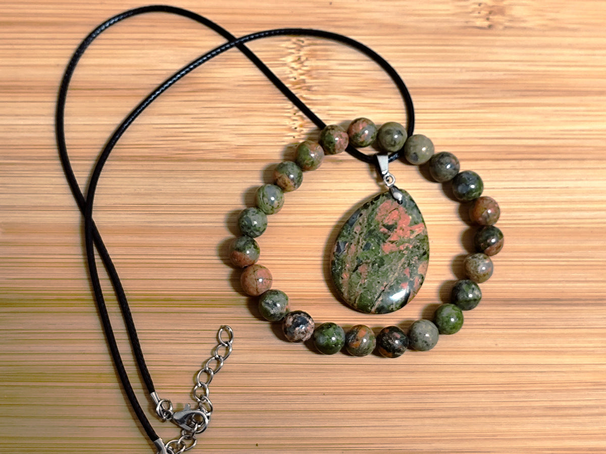2er Set Naturstein Edelstein Unakit Armband + Anhänger inkl.Kette Nr.112