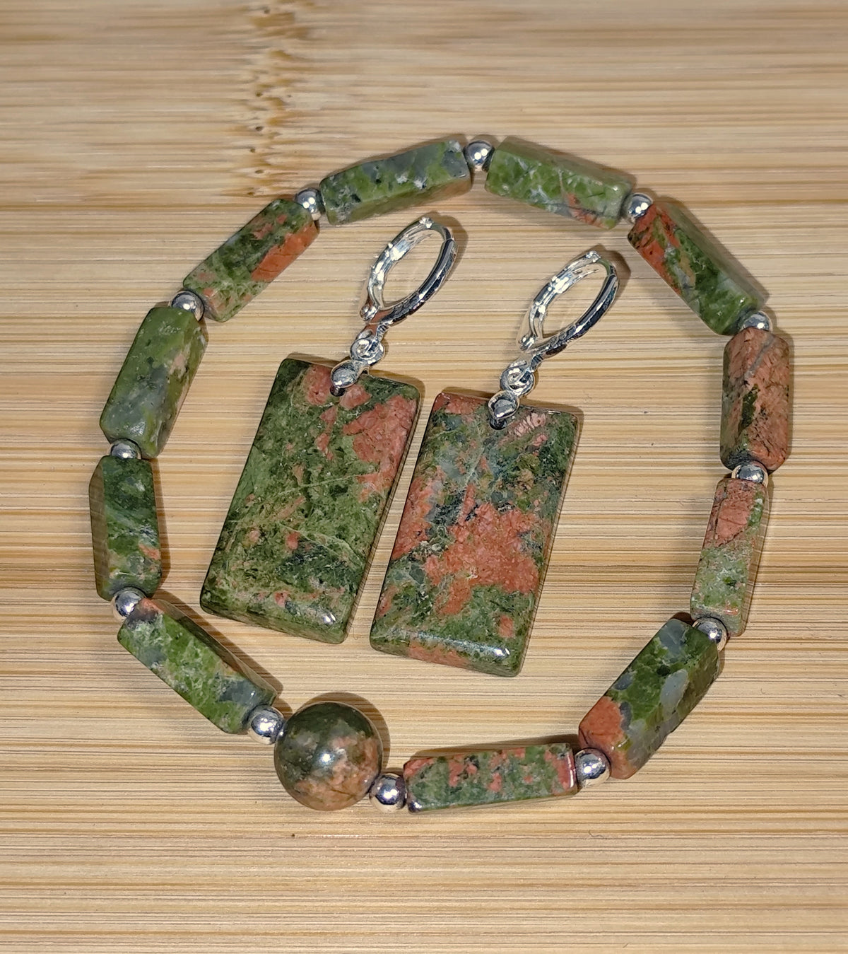 2er Set Naturstein Edelstein Unakit Armband + Ohrringe 925 Silber Nr.114