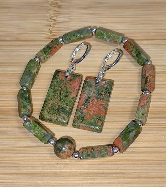 2er Set Naturstein Edelstein Unakit Armband + Ohrringe 925 Silber Nr.114