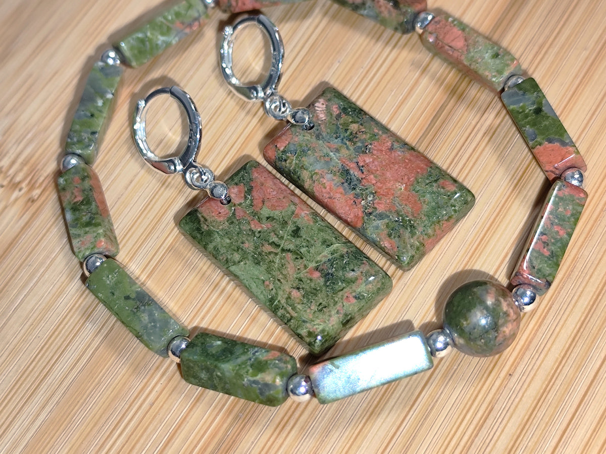 2er Set Naturstein Edelstein Unakit Armband + Ohrringe 925 Silber Nr.114