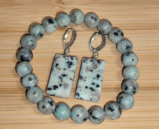 2er Set Naturstein Edelstein Kiwi Jaspis Armband + Ohrringe 925 Silber Nr.115