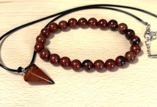 2er Set Naturstein Edelstein Mahagoni Obsidian Armband Anhänger inkl.Kordel Nr.13