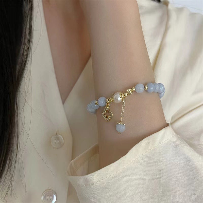 8 mm Naturstein Edelstein Aquamarin mit Süsswasserperle Armband Kugelarmband