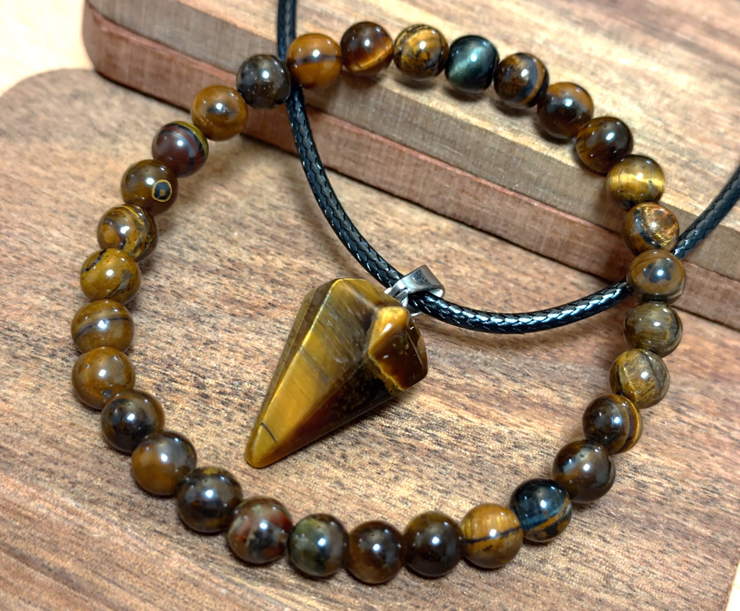 2er Set Naturstein Edelstein Tigerauge Armband und Anhänger inkl.Kordel Nr.1