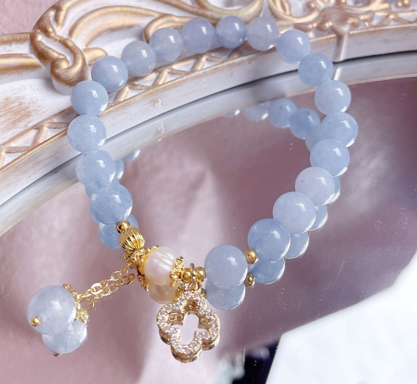 8 mm Naturstein Edelstein Aquamarin mit Süsswasserperle Armband Kugelarmband