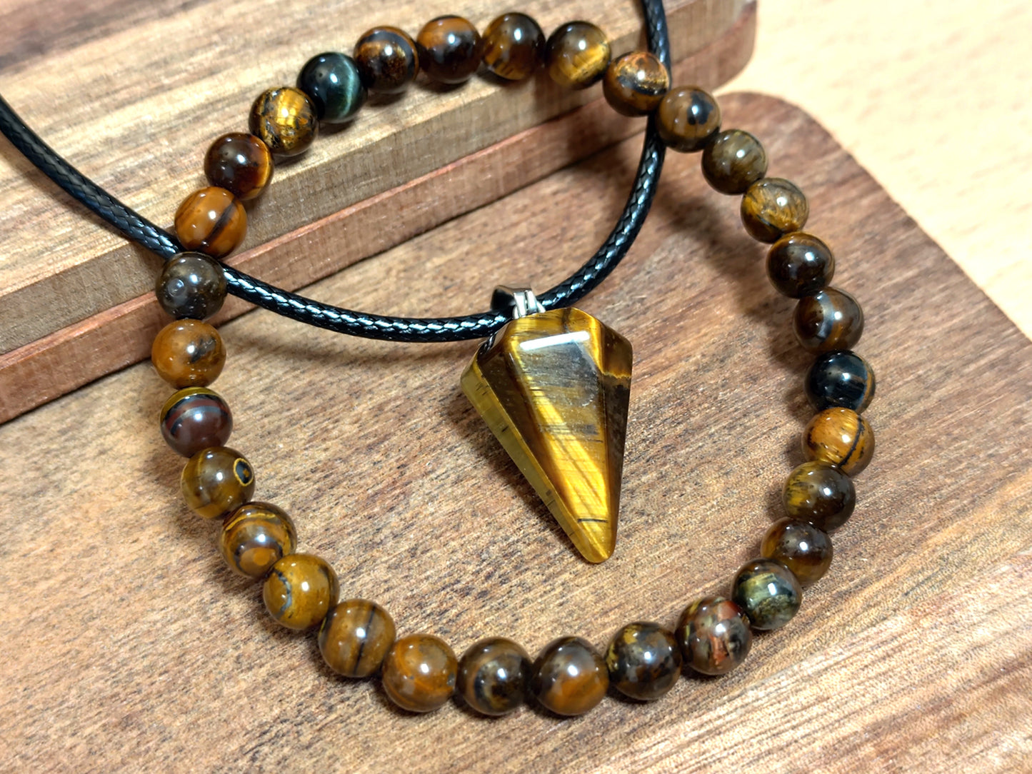 2er Set Naturstein Edelstein Tigerauge Armband und Anhänger inkl.Kordel Nr.1