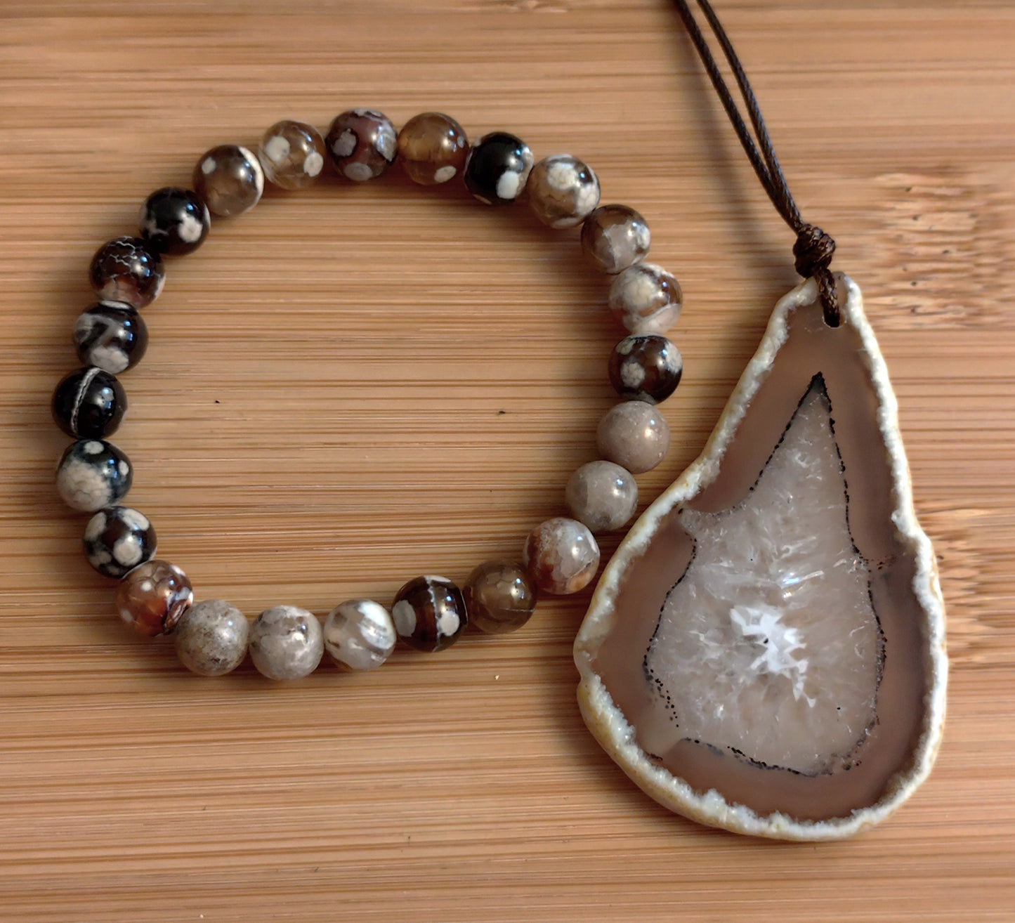 2er Set Naturstein Dendritenachat coffee Armband und Achat Anhänger Nr.22