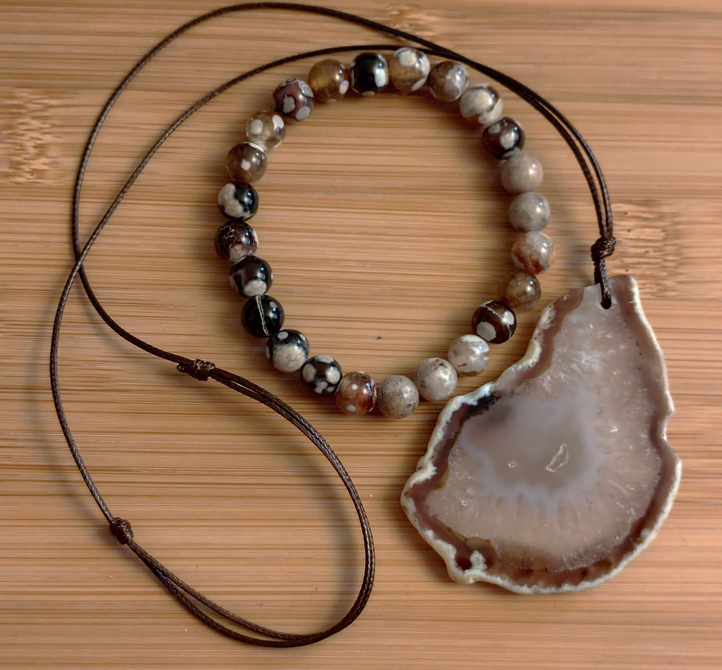 2er Set Naturstein Dendritenachat coffee Armband und Achat Anhänger Nr.23