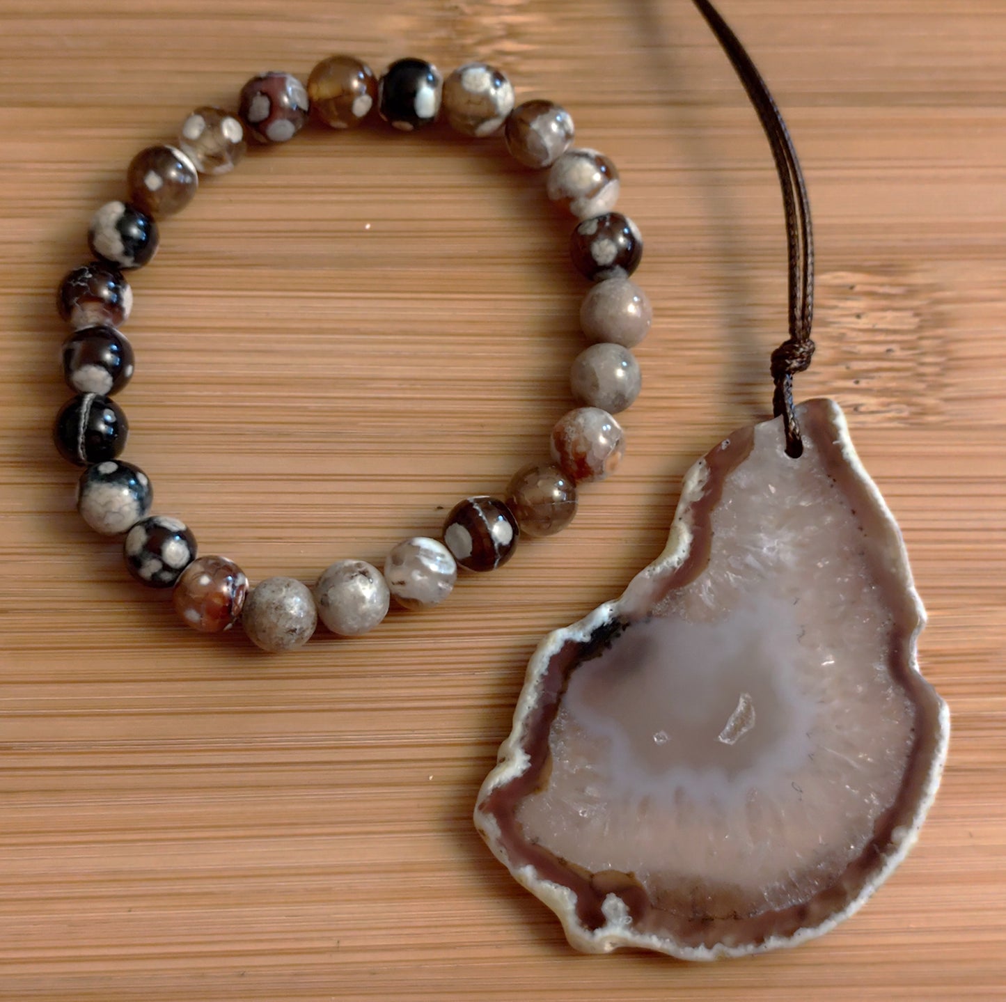 2er Set Naturstein Dendritenachat coffee Armband und Achat Anhänger Nr.23
