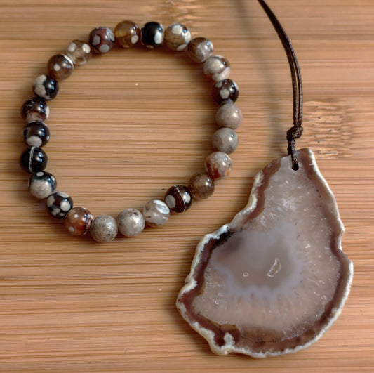 2er Set Naturstein Dendritenachat coffee Armband und Achat Anhänger Nr.23