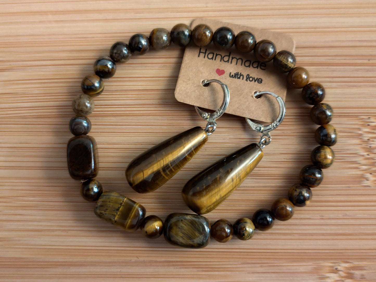 2er Set Naturstein Edelstein Tigerauge Ohrringe und 6 mm Perlen Armband Nr.24