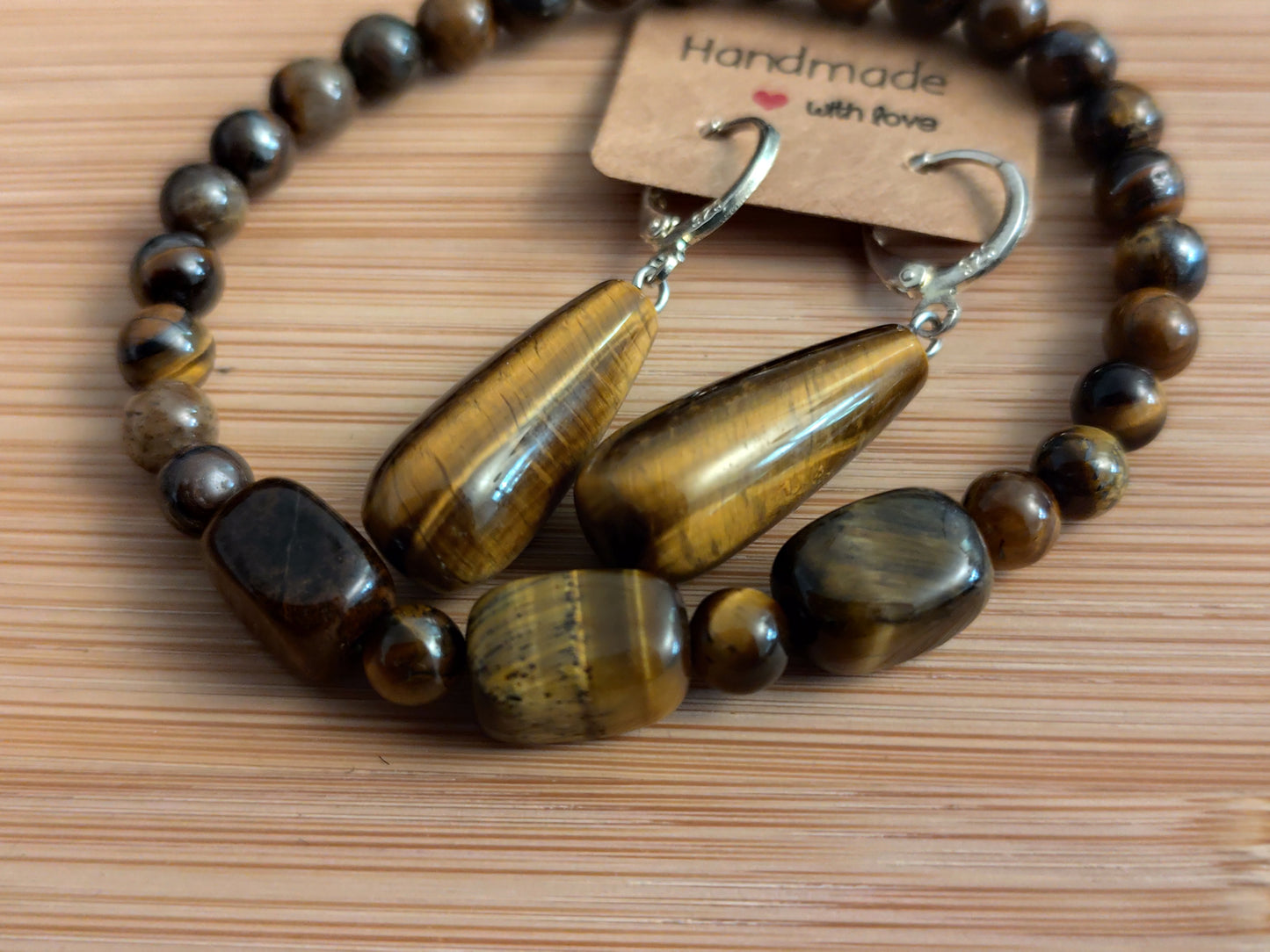 2er Set Naturstein Edelstein Tigerauge Ohrringe und 6 mm Perlen Armband Nr.24