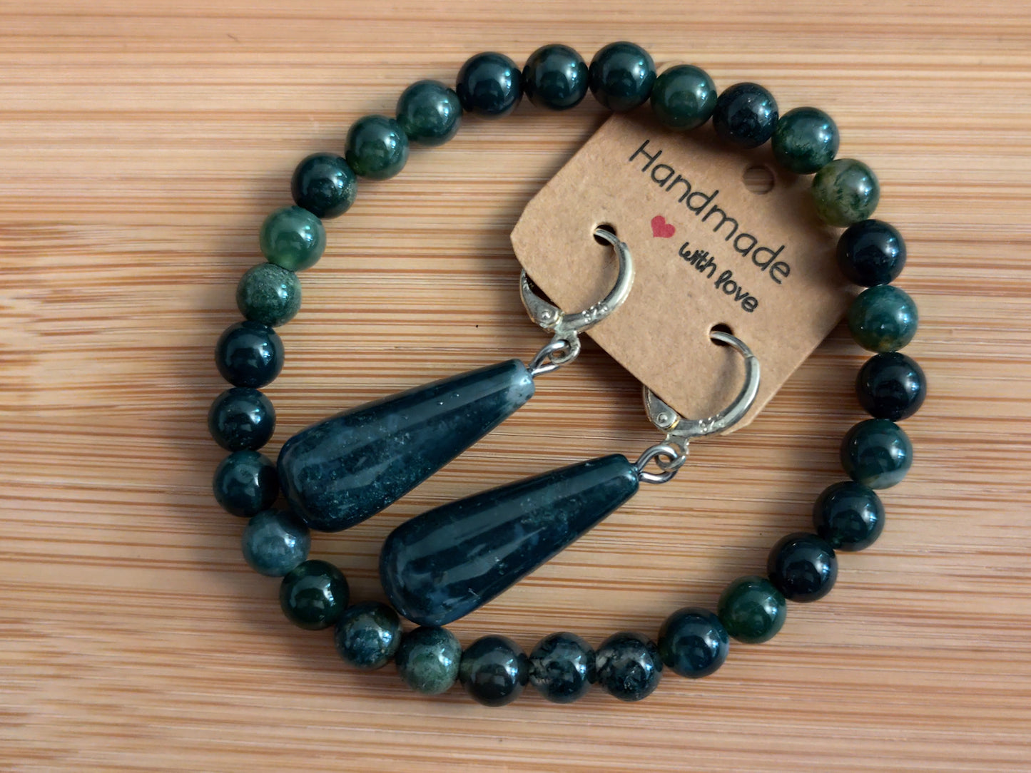 2er Set Naturstein Edelstein Moosachat Ohrringe und 6 mm Perlen Armband Nr.25