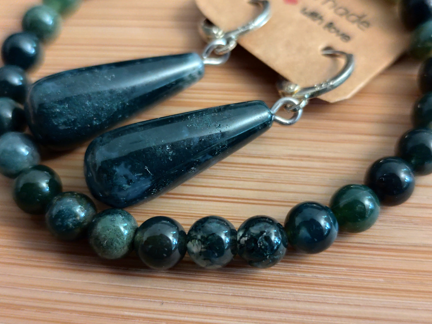 2er Set Naturstein Edelstein Moosachat Ohrringe und 6 mm Perlen Armband Nr.25