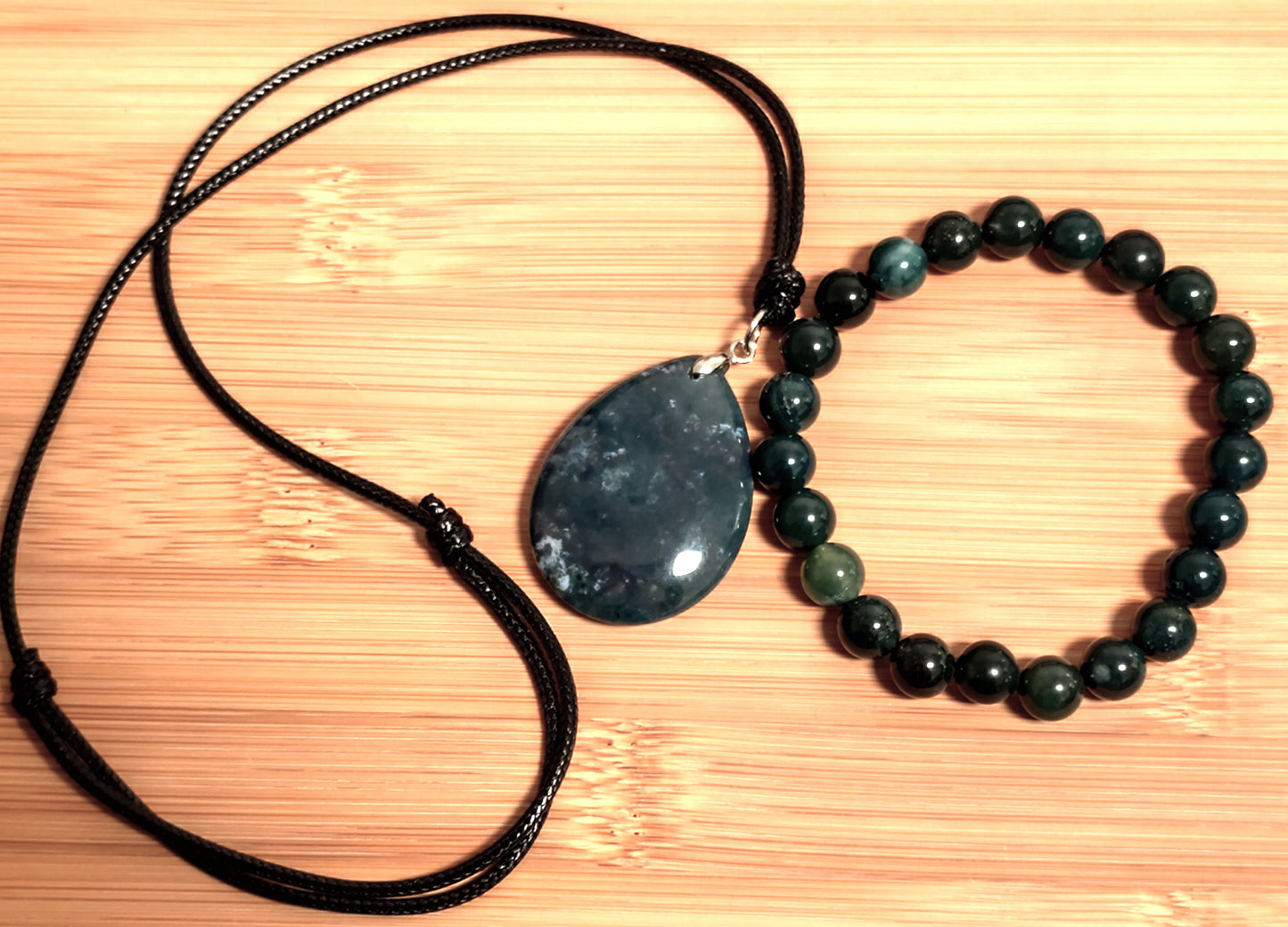 2er Set Naturstein Edelstein Moosachat Achat Armband + Anhänger inkl.Kordel Nr.31