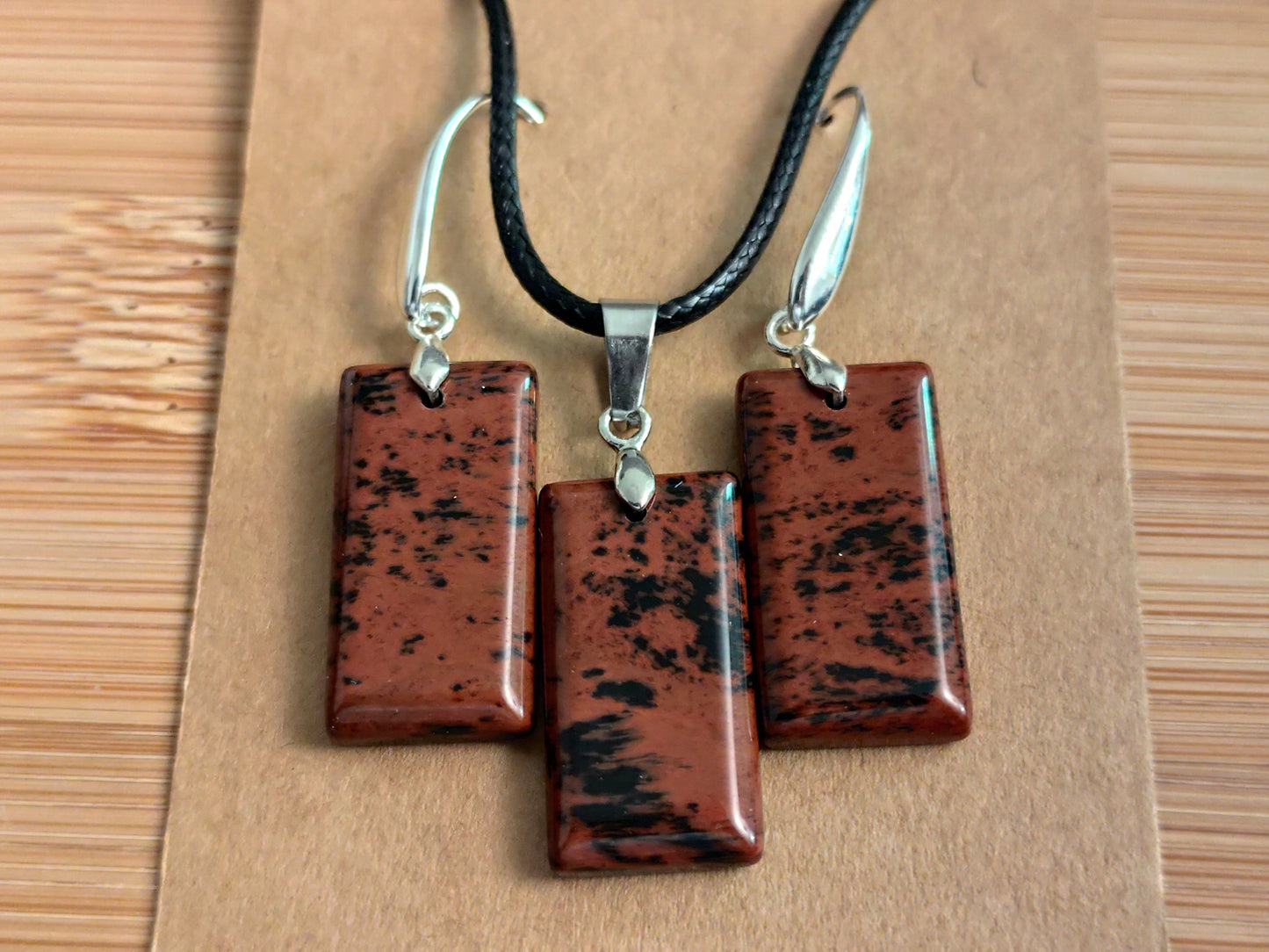 2er Set Naturstein Edelstein Mahagoni Obsidian Ohrringe + Anhänger +Kordel Nr.38