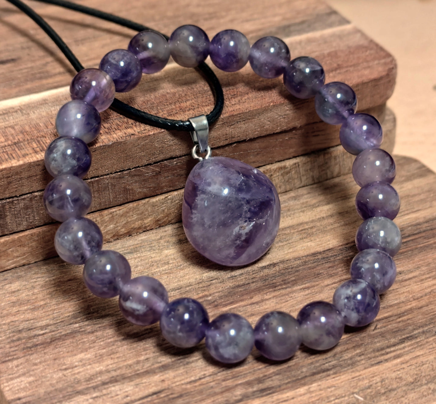 2er Set Naturstein Edelstein Dream Amethyst Armband und Anhänger inkl.Kordel Nr.3