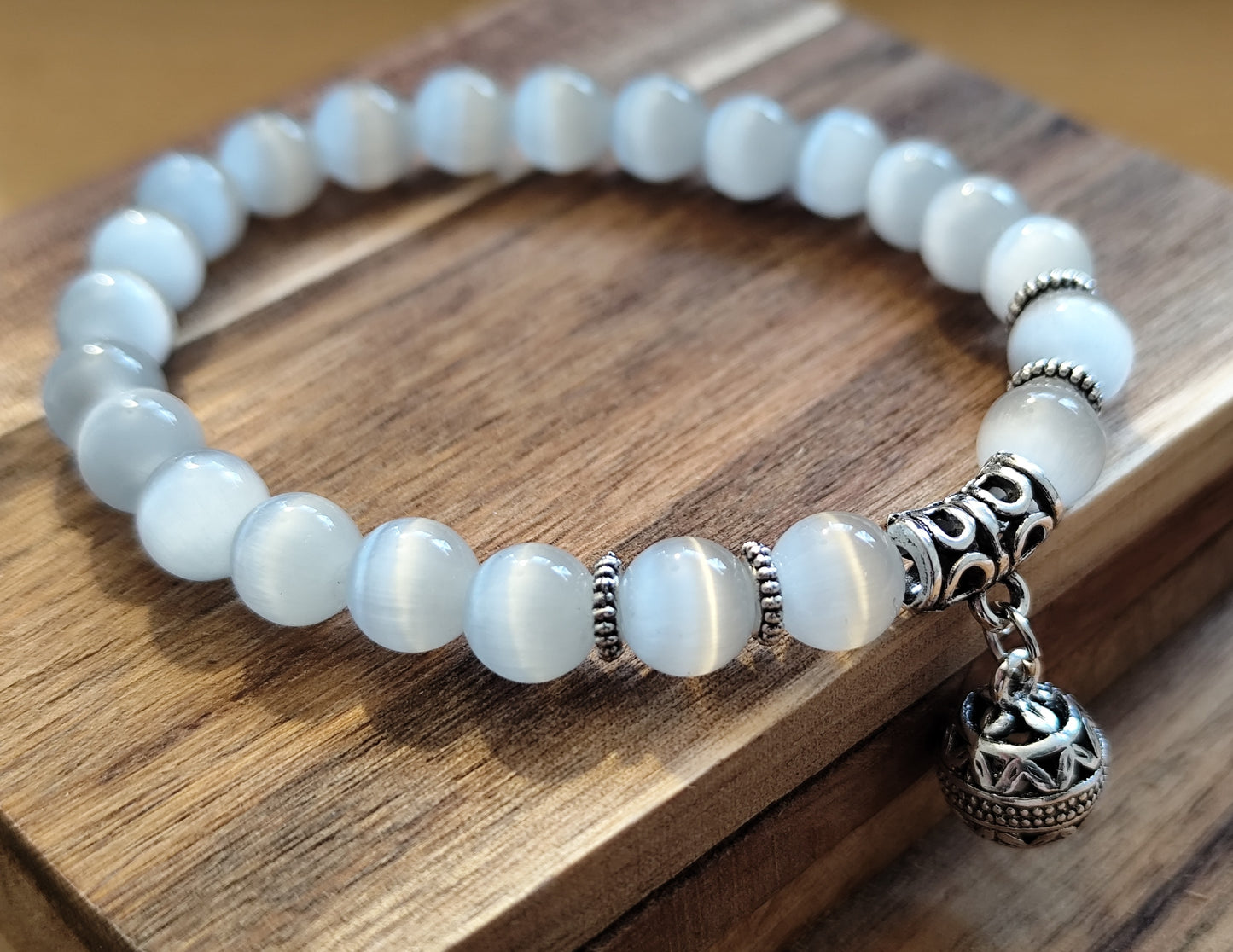 8 mm Naturstein Edelstein Katzenauge Perlen Armband Kugelarmband mit Charm