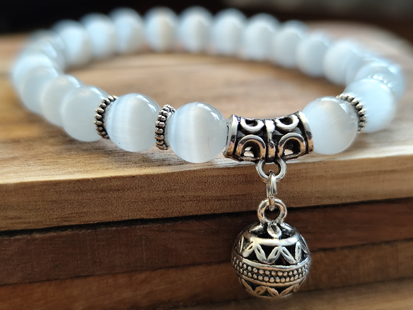 8 mm Naturstein Edelstein Katzenauge Perlen Armband Kugelarmband mit Charm
