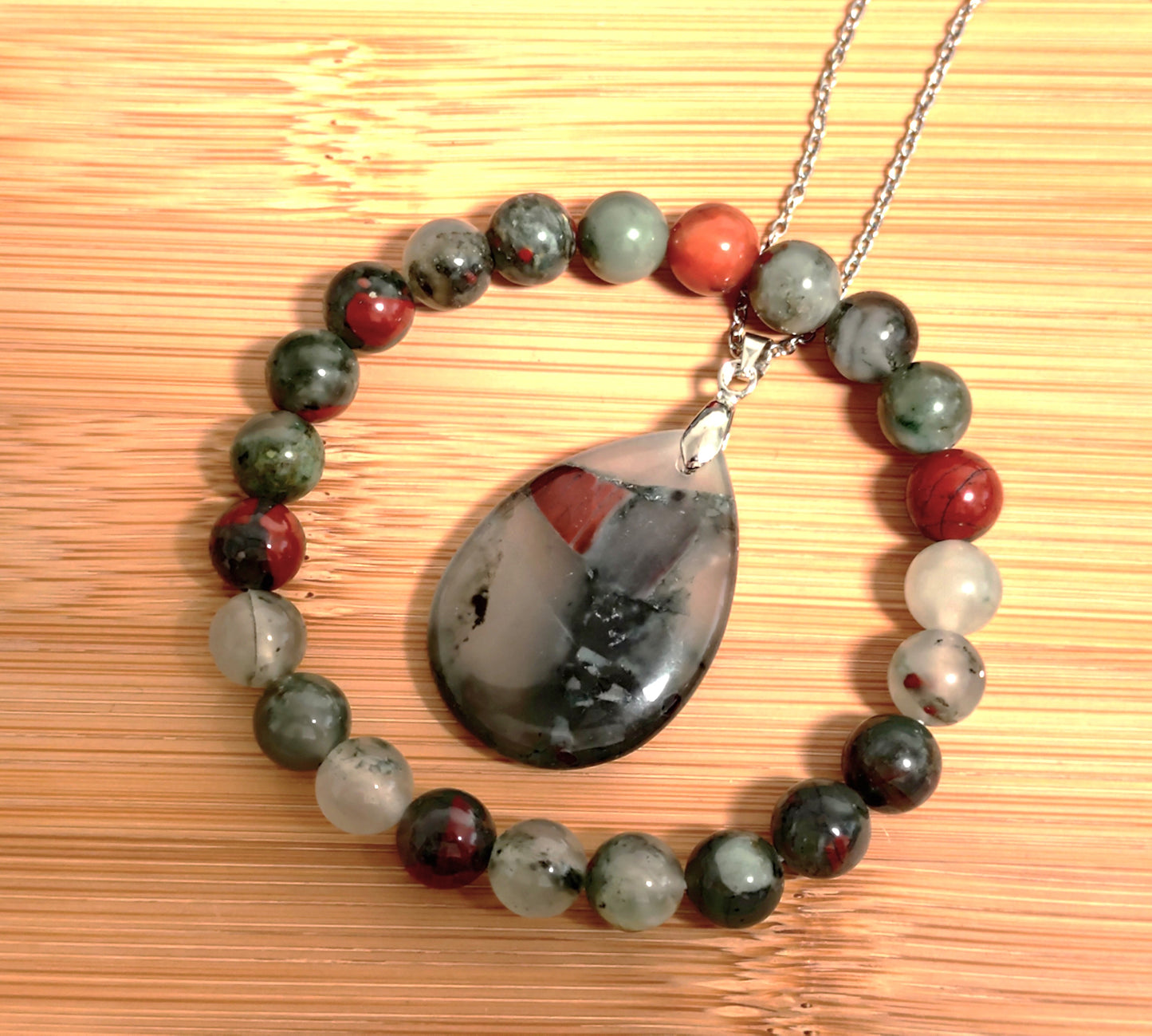2er Set Naturstein Edelstein Blutstein Armband + Anhänger inkl. Kette Nr.50