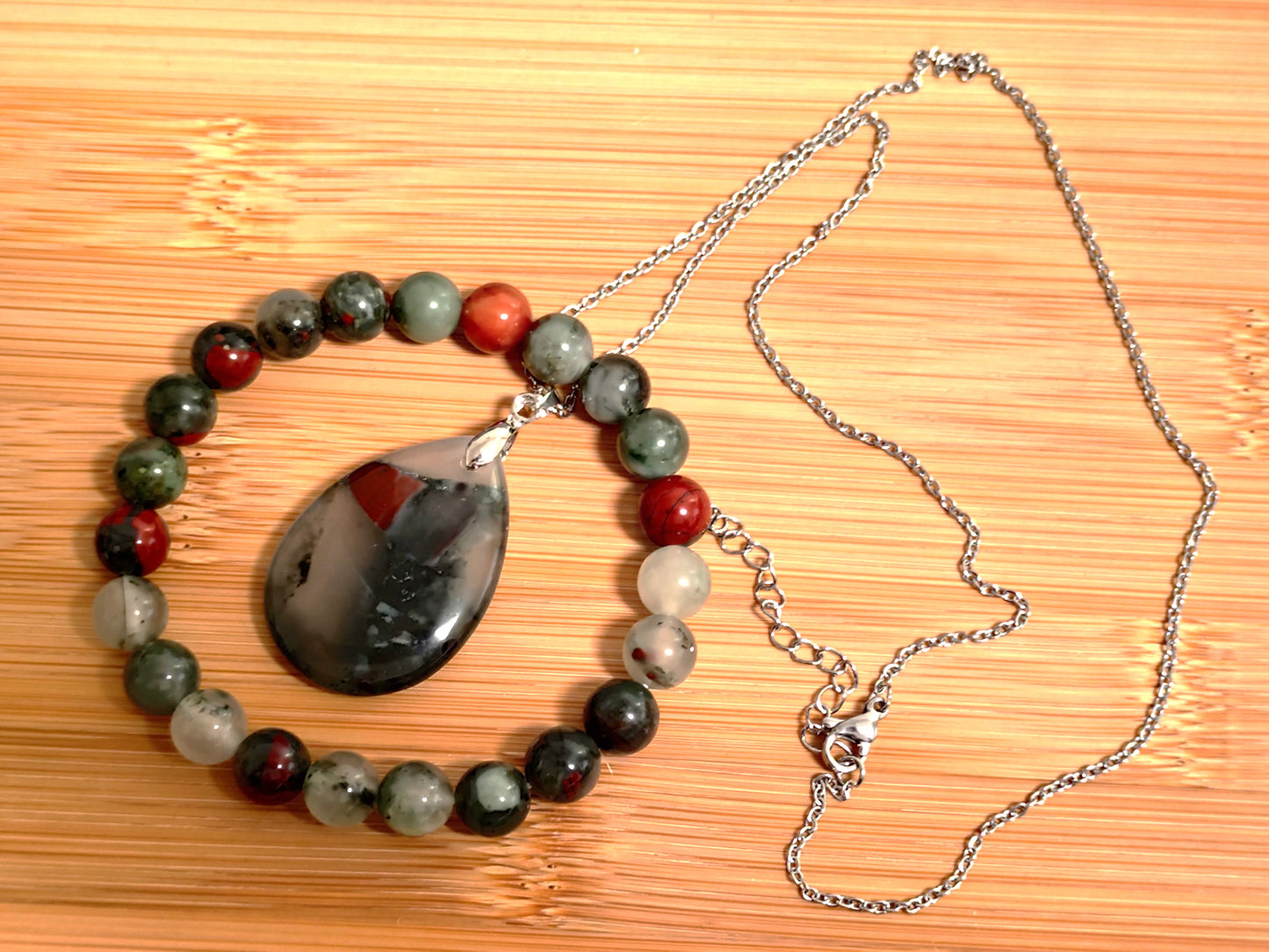 2er Set Naturstein Edelstein Blutstein Armband + Anhänger inkl. Kette Nr.50