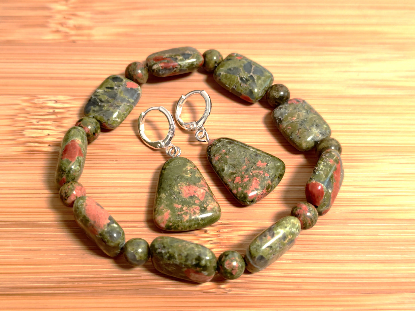 2er Set Naturstein Edelstein Unakit Armband + Ohrringe 925 Silber Nr.51
