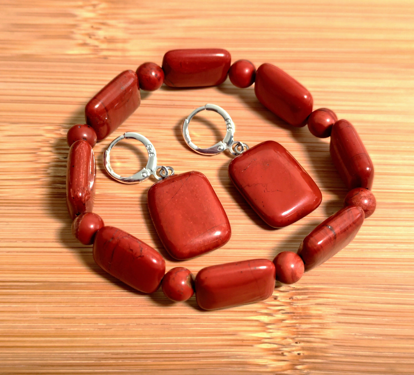2er Set Naturstein Edelstein Jaspis rot Armband + Ohrringe 925 Silber Nr.52