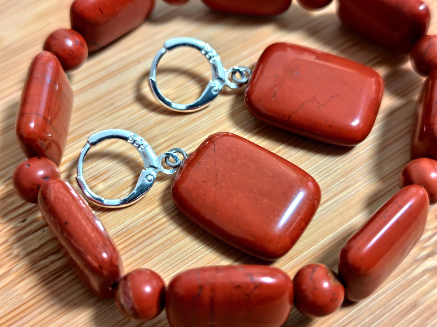 2er Set Naturstein Edelstein Jaspis rot Armband + Ohrringe 925 Silber Nr.52
