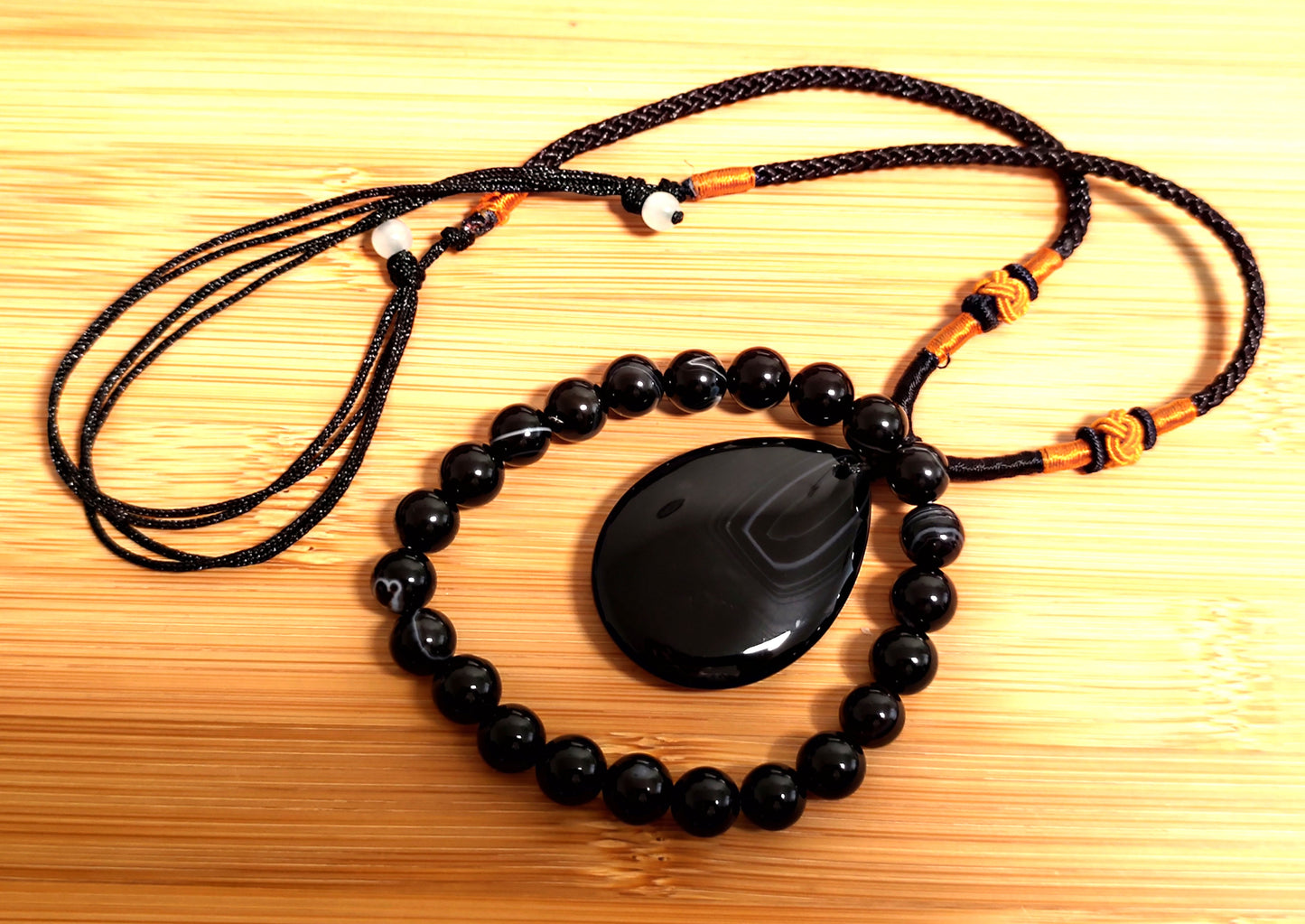 2er Set Naturstein Edelstein Achat schwarz Armband + Anhänger inkl.Kordel Nr.64