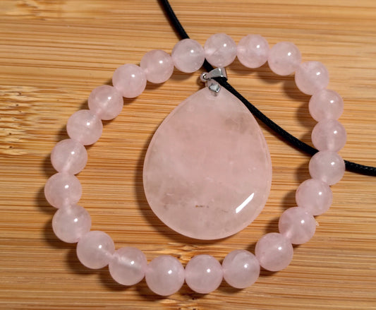 2er Set Naturstein Edelstein Quarz rosa Armband + Anhänger inkl.Kette Nr.65