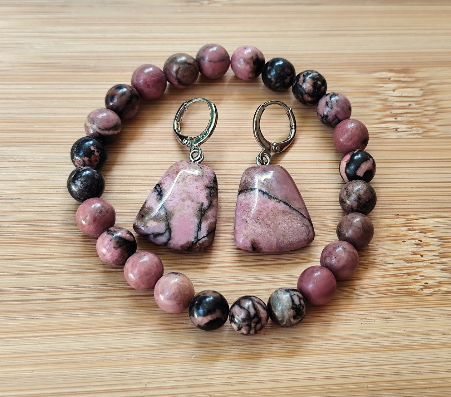 2er Set Naturstein Edelstein Rhodonit Armband + Ohrringe 925 Silber Nr.72