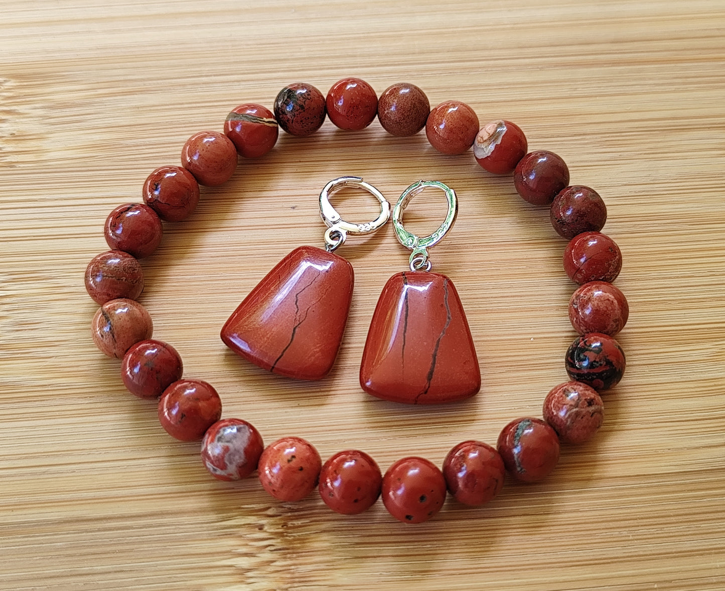 2er Set Naturstein Edelstein Jaspis rot Armband + Ohrringe 925 Silber Nr.73