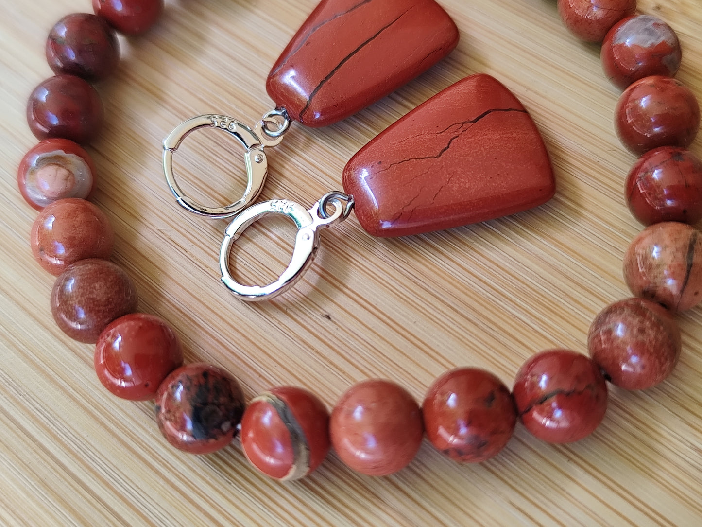 2er Set Naturstein Edelstein Jaspis rot Armband + Ohrringe 925 Silber Nr.73