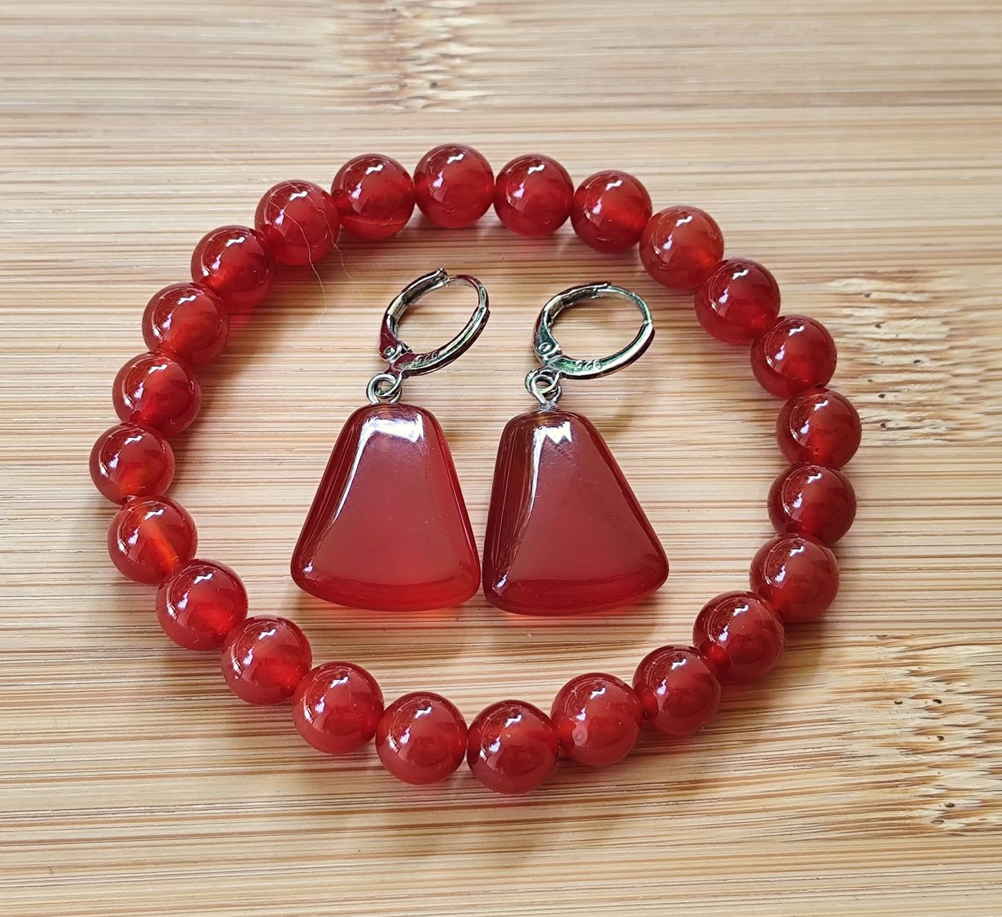 2er Set Edelstein Karneol/ Achat rot Armband + Ohrringe 925 Silber Nr.74