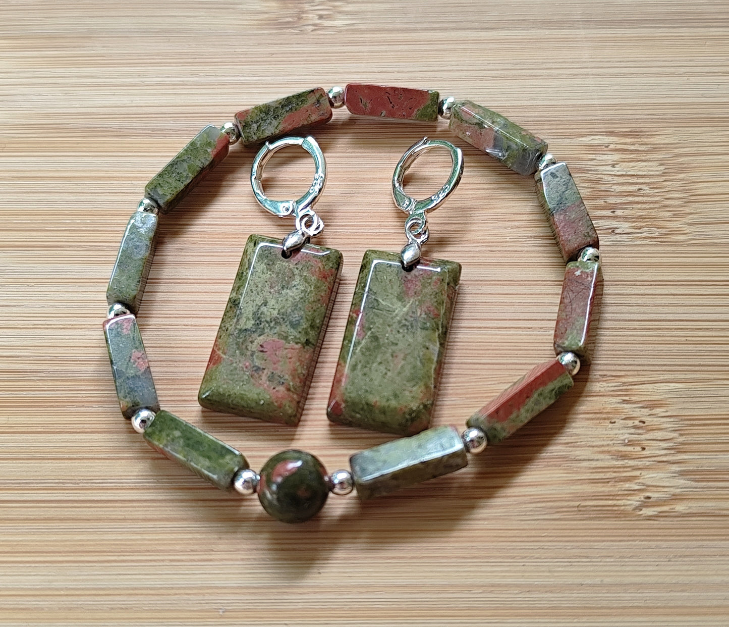 2er Set Naturstein Edelstein Unakit Armband + Ohrringe 925 Silber Nr.75