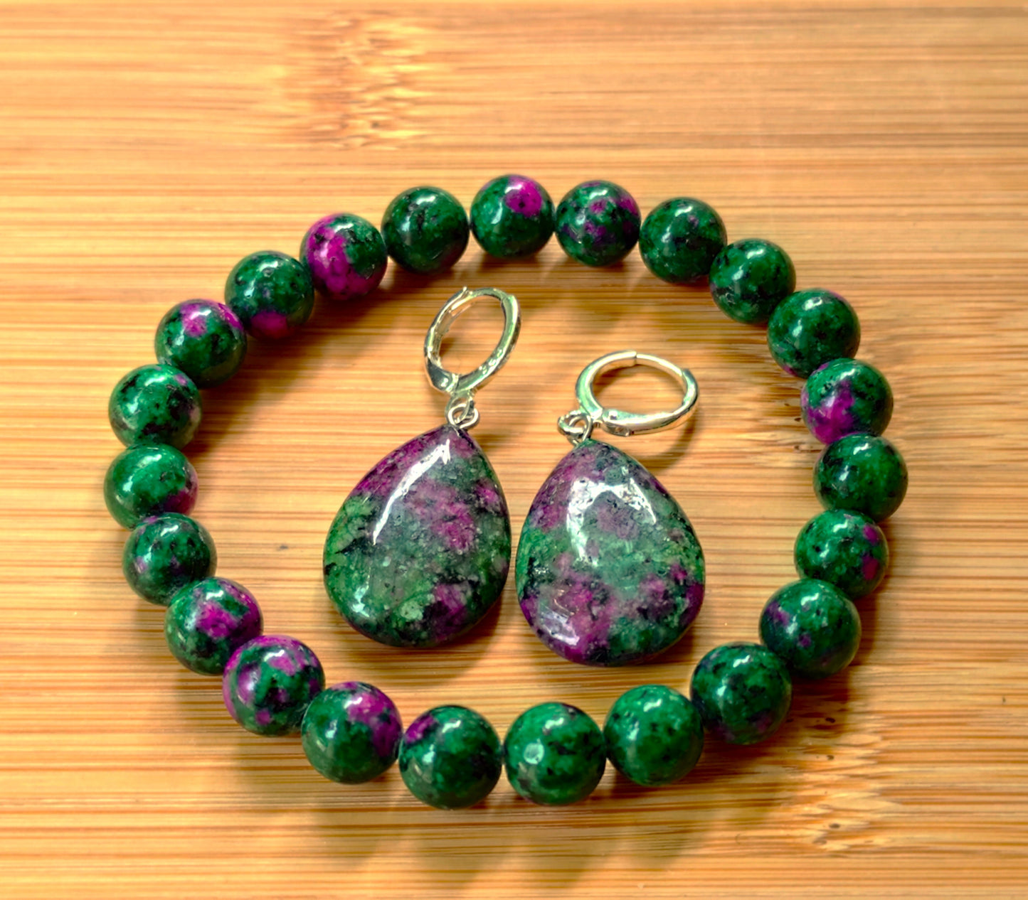 2er Set Naturstein Edelstein Rubin Zoisit Armband + Ohrringe 925 Silber Nr.77